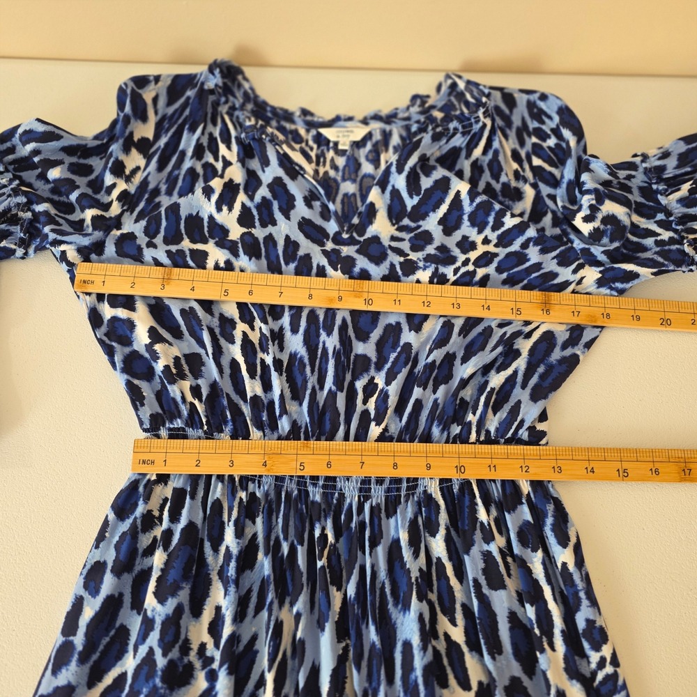 Crown & Ivy Dress Womens Small Blue Leopard Print Long Balloon Sleeve Mini Boho - Picture 8 of 12